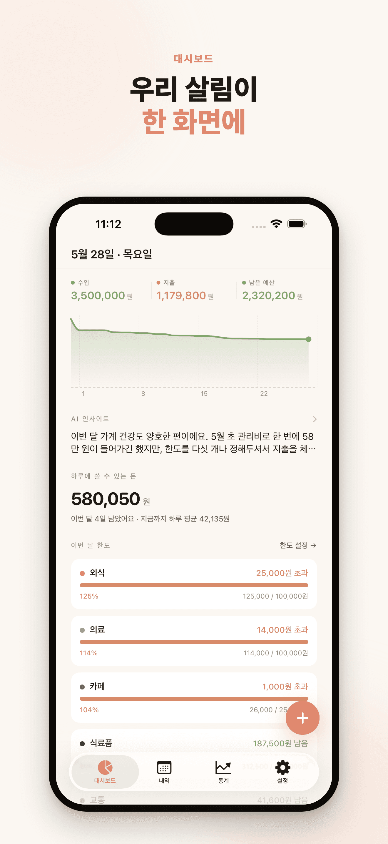 대시보드 — 우리 살림이 한 화면에